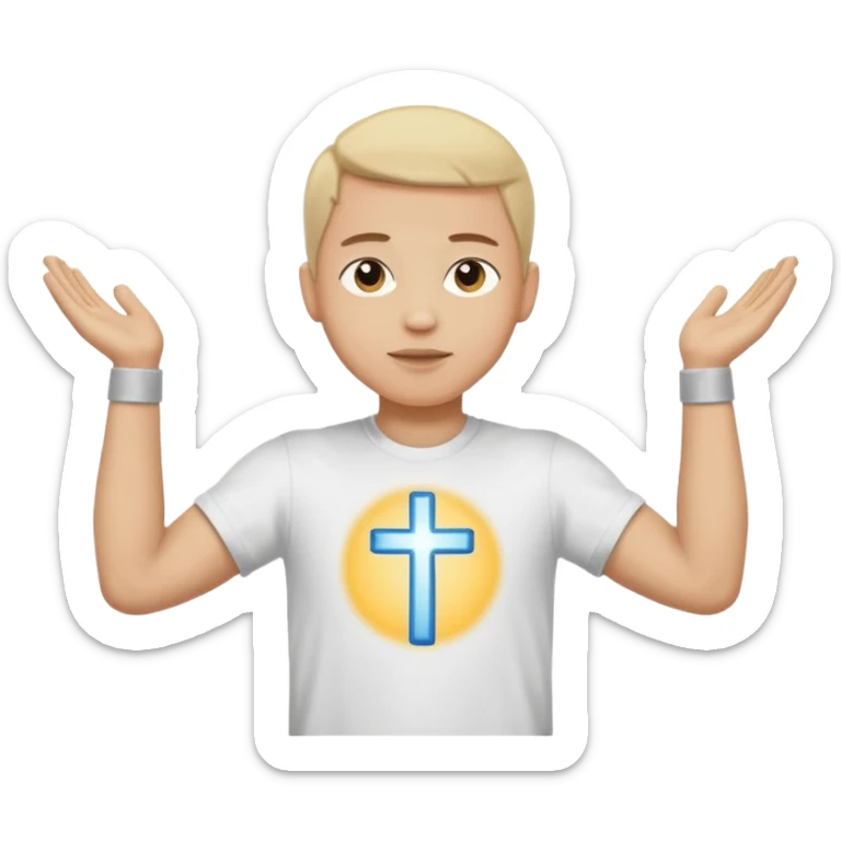 A person with the arms opened and extended forming a cross with their arms and body with t-shirt sticker