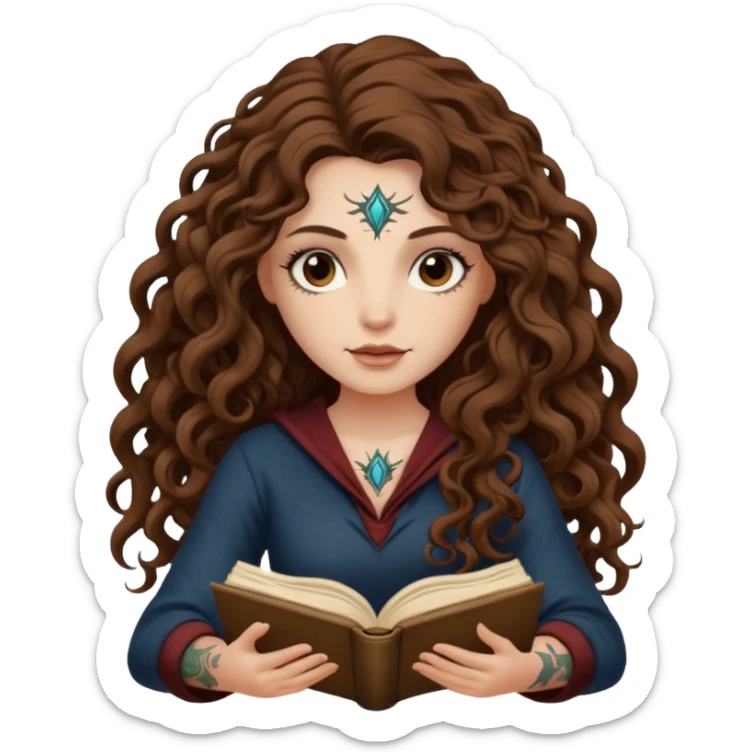 woman with long curly brown hair, brown eyes, white skin, tattoos, reading a spellbook that grows roots instead of pages sticker
