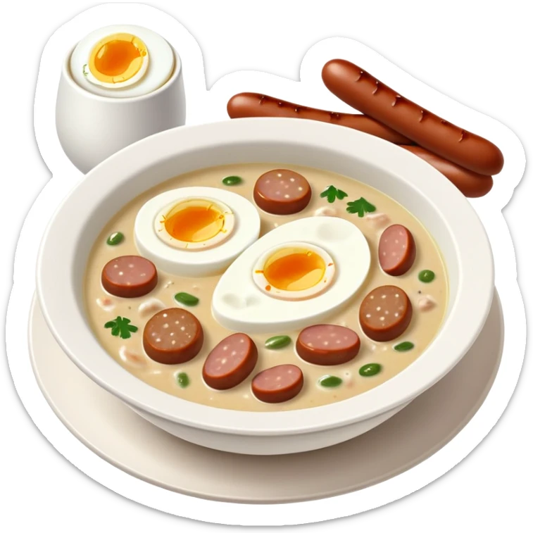 cinematic-realistic zurek-soup-dish-emoji,-depicted-as-a-tangy,-creamy-rye-soup-with-sausage-and-1 boiled egg-rendered-with-detailed-textures-and-warm,-comforting-lighting. sticker