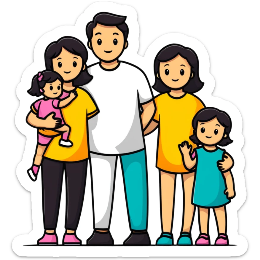 Family with mother, father and three little girls sticker