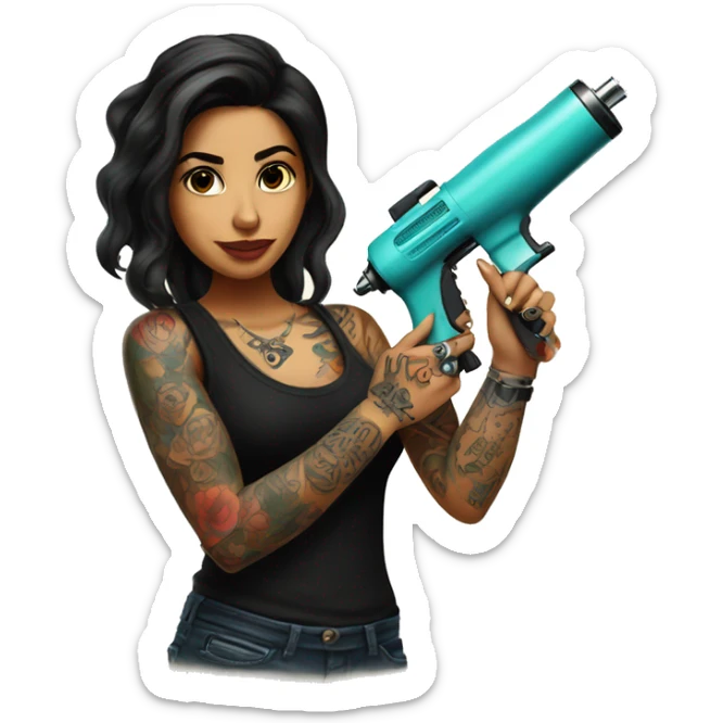Tattoo artist with tattoo gun. The artist is Hispanic girl  sticker