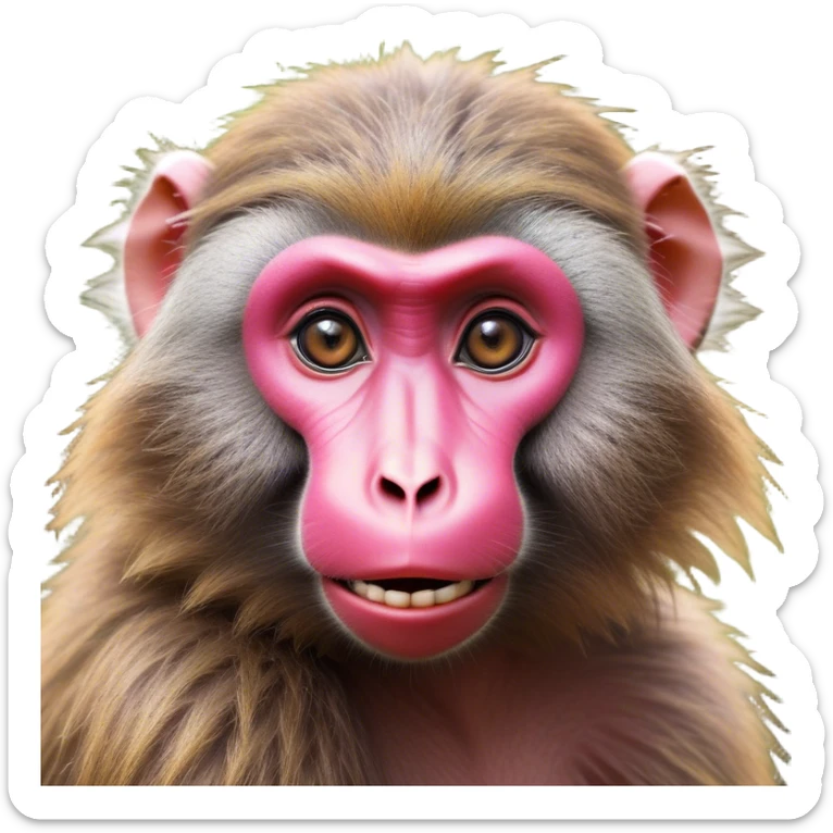Cinematic Cute Baboon Portrait Emoji, Head tilted playfully and inquisitively, featuring a vibrant Fur of earthy browns with expressive, round, sparkling eyes filled with curiosity, Simplified yet irresistibly adorable features, highly detailed, glowing with a warm, friendly glow, high shine, affectionate and spirited, stylized with a touch of urban whimsy, bright and endearing, soft glowing outline, capturing the essence of a mischievous yet loving baboon, so playful it feels like it could leap out of the screen and into your arms! sticker