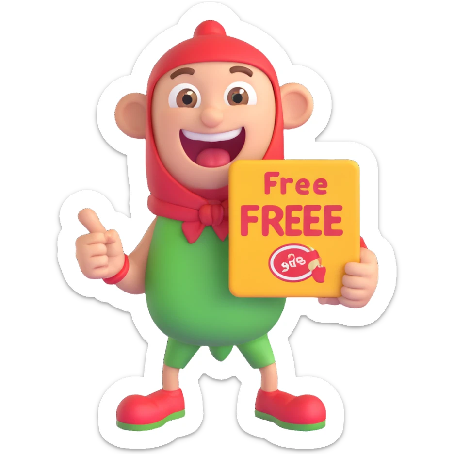 playful happy character sneaking food or holding a sign that says 'free' with a mischievous or cheeky expression sticker