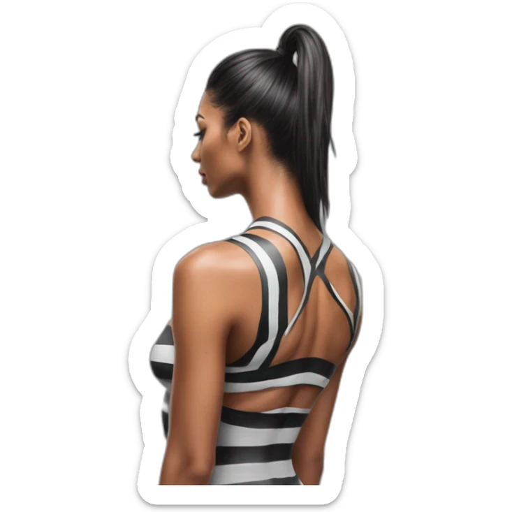 Hyper-realistic tall sultry fitness model in striped body paint from behind sticker