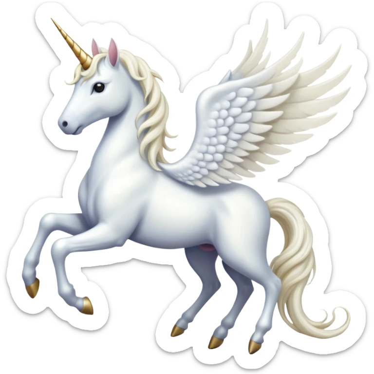 All white Cinematic Noble Unicorn with wings, slender with a flowing mane and tail and spiraled horn sticker