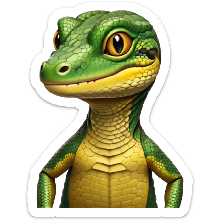 cinematic-realistic-cute-monitor-lizard-portrait-emoji,-head-tilted-playfully-and-inquisitively,-featuring-a-compact,-agile-body-with-finely-detailed,-glossy-scales-in-earthy-olive-hues-and-a-distinct,-alert-face-with-bright,-curious-eyes, black , yellow spotted and green band  scales sticker