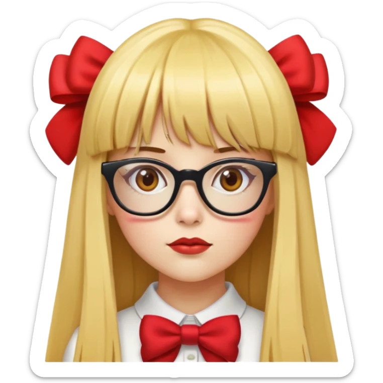 yellow skin girl with long straight hair, bangs, red bow on hair, oversized glasses sticker