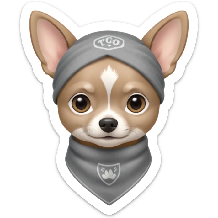 Make a cute Gray Chihuahua wearing a Gray earthy tone bandana with the logo TCO on the bandana sticker
