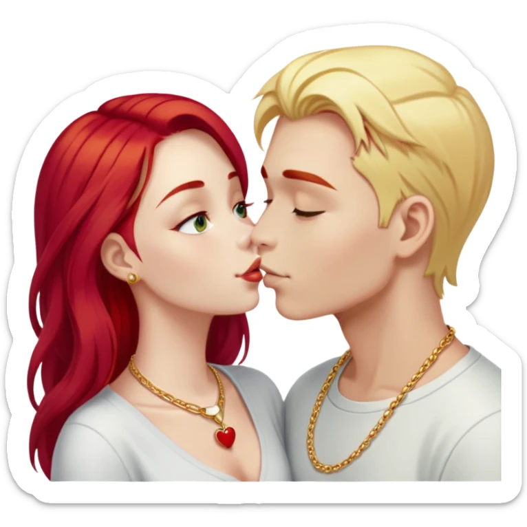 couple kissing, girl with long cherry red hair and blonde eyebrows, gold A necklace, light clothes, and boy with PURE WHITE SHORT HAIR (completely white like paper, not blonde, not gray) sticker