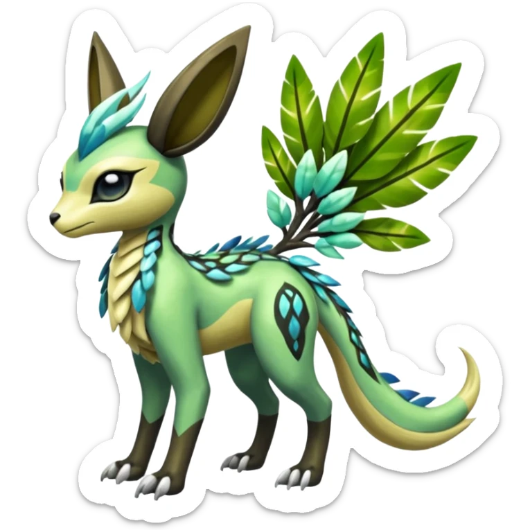  Exotic Tropical Feathery Leathery Scaly Planty Meloetta-Zygarde-Zeraora-Renamon-Protogen-Palkia-hybrid-fusion-Fakémon-creature, full body sticker