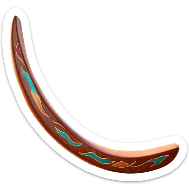 Cinematic Realistic image of a classic boomerang, rendered with detailed wood grain textures and vibrant colors, set against a sunlit outback landscape that emphasizes its iconic Australian heritage sticker