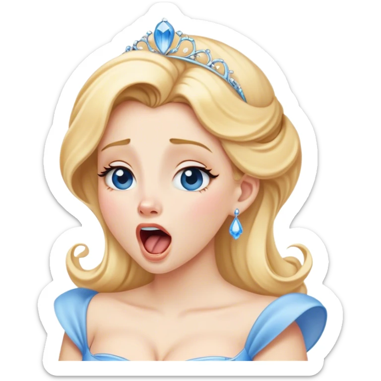 Cinematic Realistic Yawning Cinderella Portrait, showcasing lifelike porcelain skin and intricately detailed golden-blonde hair styled flawlessly as she mid-yawn reveals a moment of tender vulnerability. Her half-closed blue eyes and relaxed expression are rendered with natural, soft lighting that emphasizes the subtle textures of her face and the detailed, flowing fabric of her iconic gown. The scene glows with a cozy, authentic warmth that captures a rare, intimate moment of repose. sticker