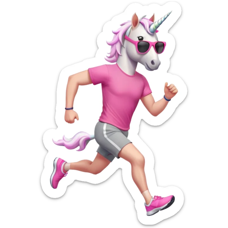 friendly anthropomorphised male white unicorn in grey shorts and pink t-shirt, wearing dark sunglasses, jogging upright in a standard pose sticker