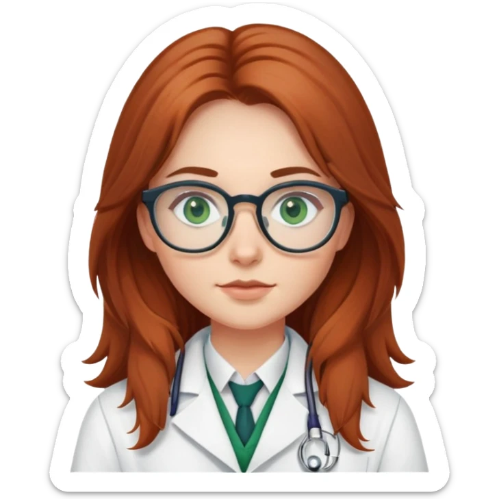 A beautiful Auburn, long-haired girl, green eyes glasses, wearing a Scottish outfit and a scientist white lab coat sticker