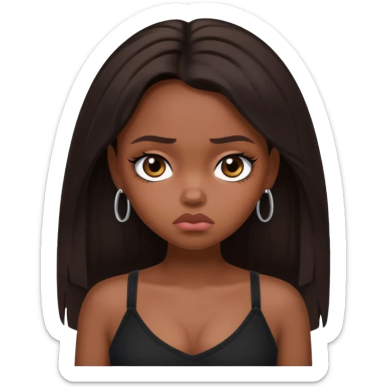 generate a pretty fair bratz girl with long dark brown hair looking sad. Wearing a black cami sticker