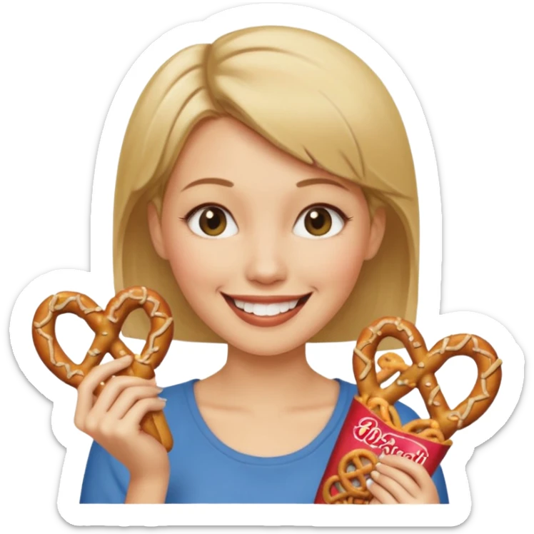 Short, Straight, Dirty blond hair, fair skin, woman winking holding pretzels sticker