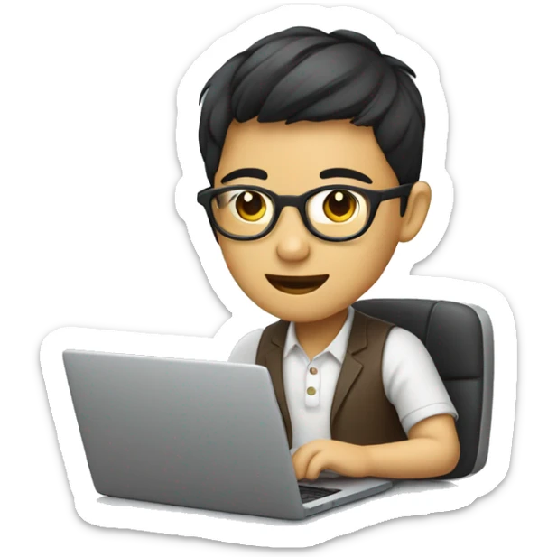 a asian human wear glasses is working on a laptop with a cup of coffee sticker