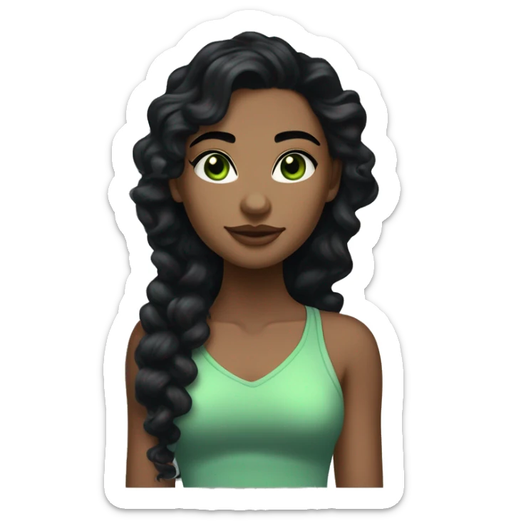 long curly black hair,eyes with a hint of green, eyes positive  canthal tilt ,medium thick shaped eyebrows , and medium thin lips, round face shape, soft jawline, full body, teen, sensual, american sticker