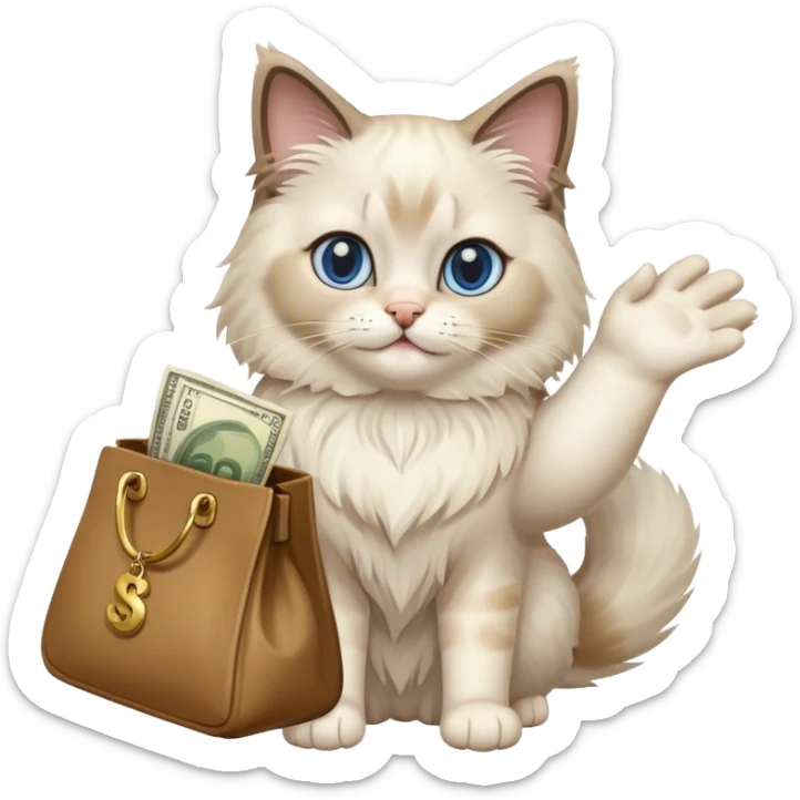 the ragdoll cat waves its paw and holds a bag of money sticker