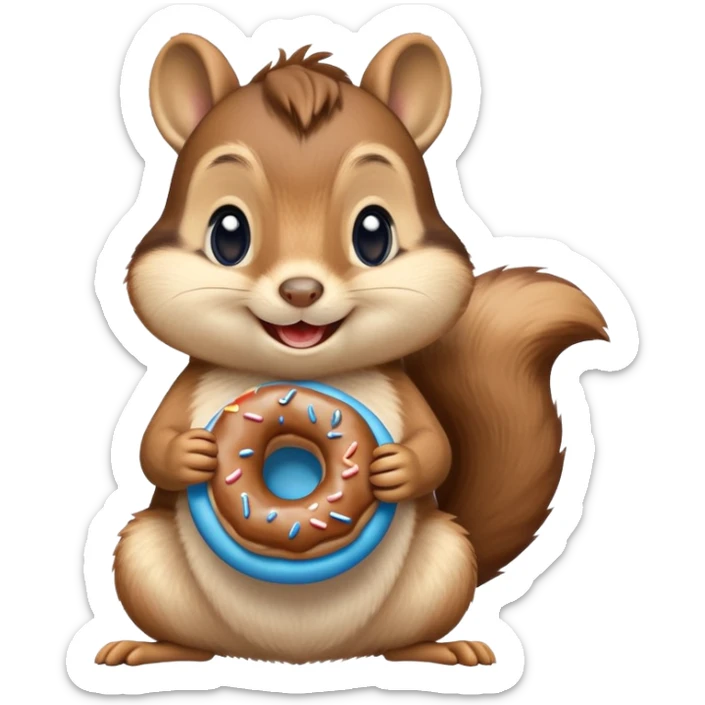 chip- munck holding a piece of donut-shaped blue cereal with a smile on his face sticker