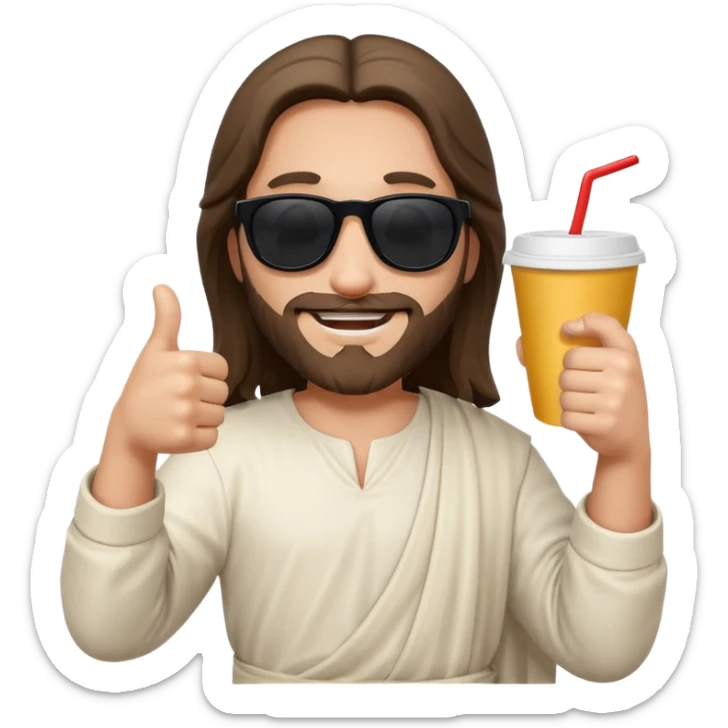 emoji di Gesù con occhiali da sole un pollice in su e in una mano un bicchiere di carta
 sticker