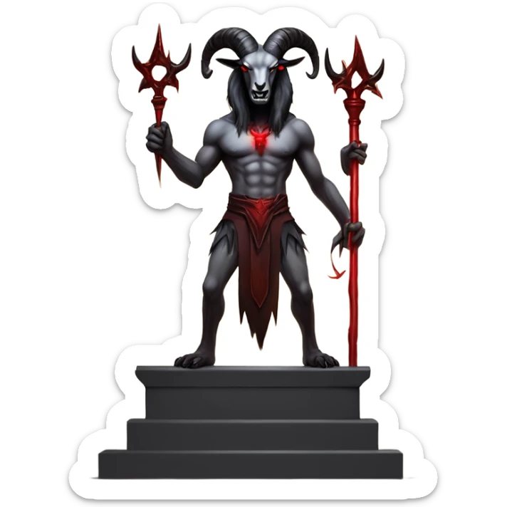 Evil Goatman male Devil sinister with red tipped horns standing with goat hind legs on pyramidal pillar  aura of darkness he is commanding sinister evil power sticker