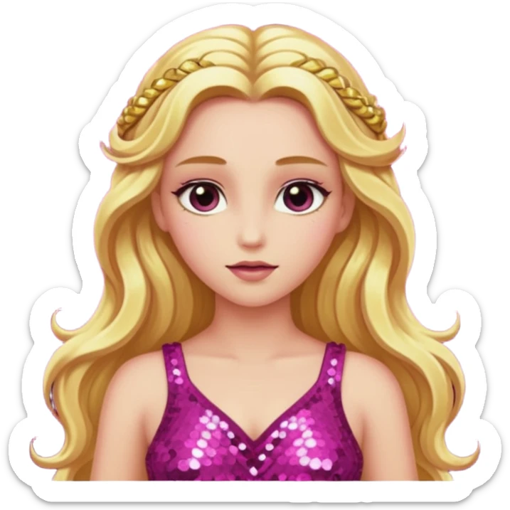 Venus from Ancient Gods with pink skin, long golden blonde hair, dark pink sequin outfit sticker