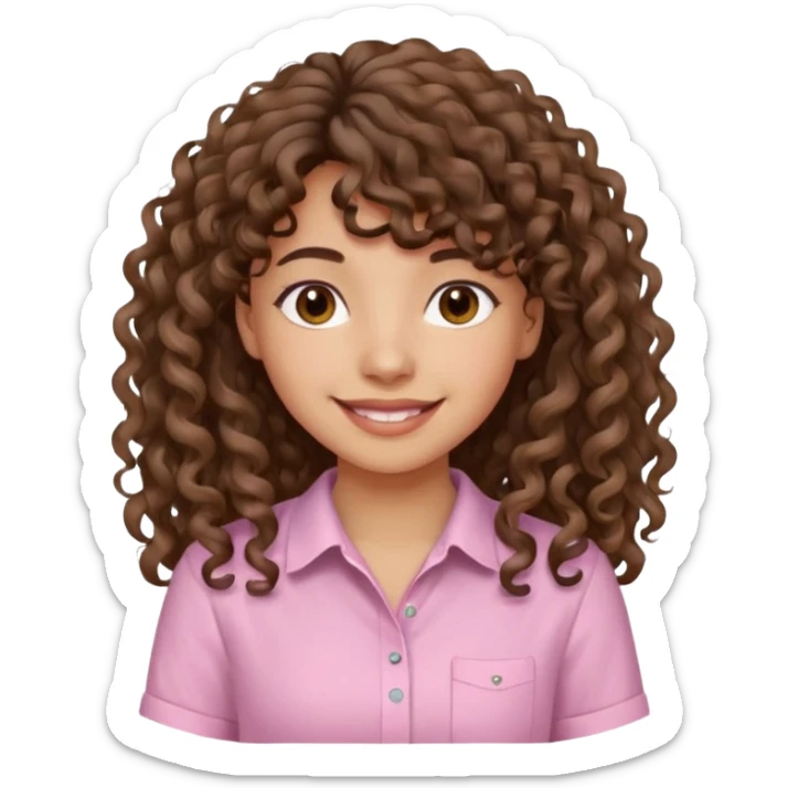A Latina girl with brown eyes and long loose curly hair with curly bangs with a light pink shirt sticker