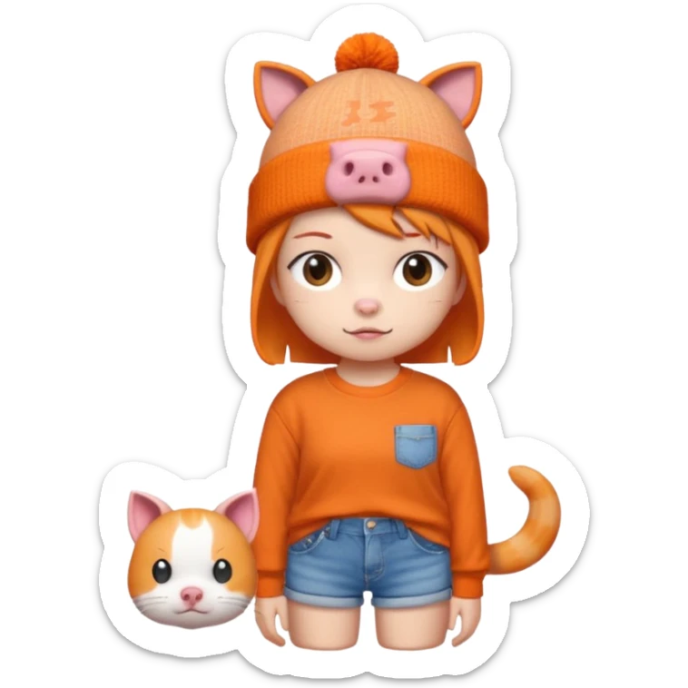 a colorful beanie, orange shirt with a cartoon pig and Japanese text, denim shorts, and accompanied by a small pixelated orange cat.  sticker