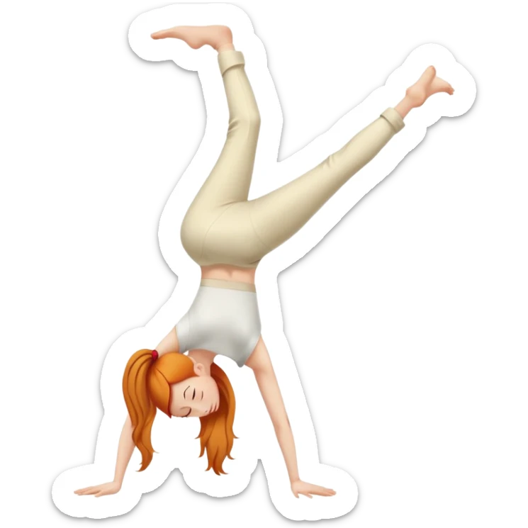 Ginger Girl side view handstand two straight legs together in cream pants sticker