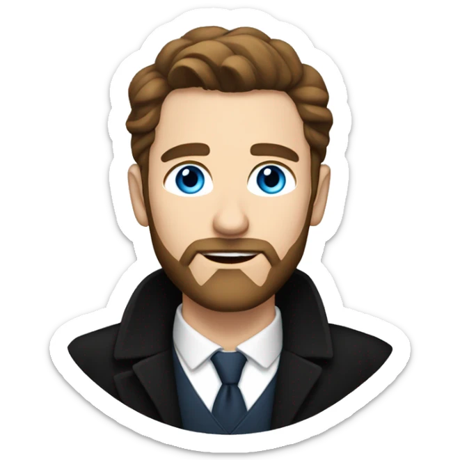 White male in 30s, blue eyes, with brown hair, a beard and a long smart black coat sticker