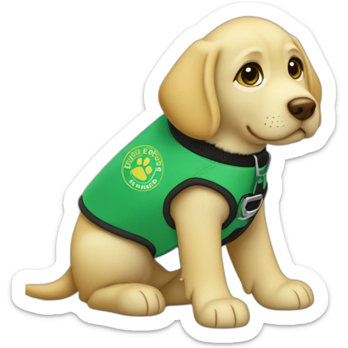 yellow lab puppy wearing a green service dog vest that reads “guide dogs for the blind puppy in training” sticker