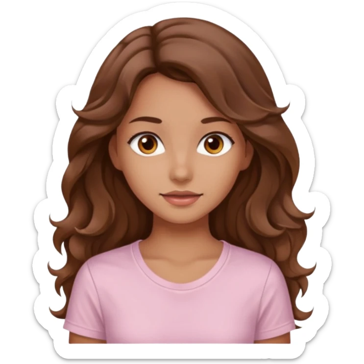 A pretty girl with tan skin and long brown wavy hair, wearing a very light pink basic shirt with brown eyes sticker