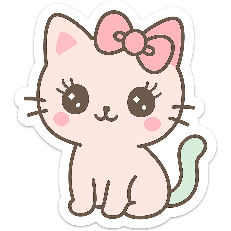 A kawaii style cat with long eyelashes and a pink bow on the head, transparent background. sticker