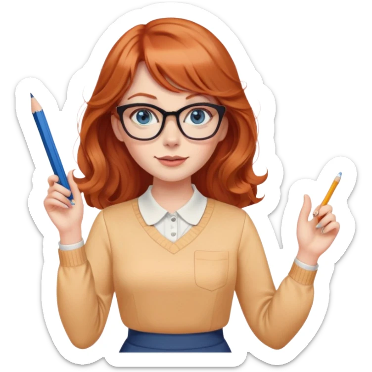 redheaded woman with long wavy hair and bangs, blue eyes, cat-eye glasses, pencil skirt, apricot blouse, holding a pencil, waving sticker