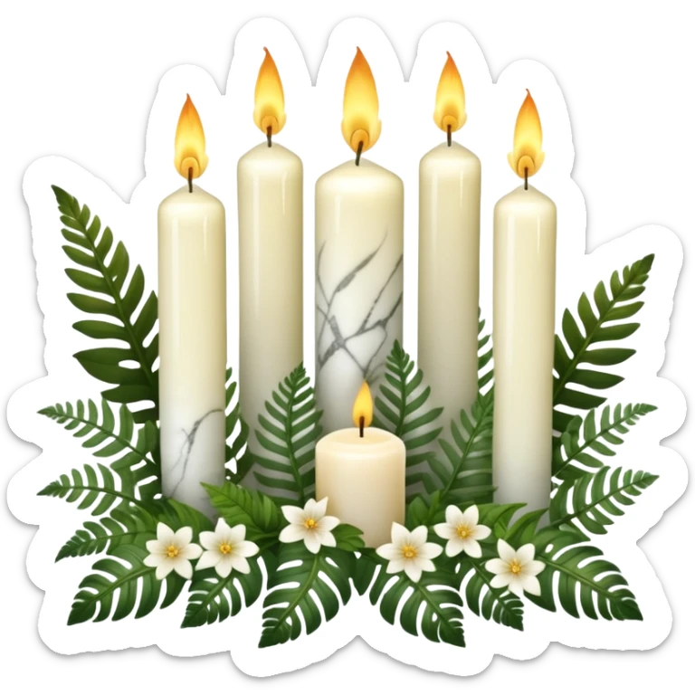 Aesthetic scenic beautiful gorgeous holy divine spiritual pretty elegant sparkly shiny scene of Candles, flowers, marble stone, lush vines, ferns, scenic aesthetic scenery sticker