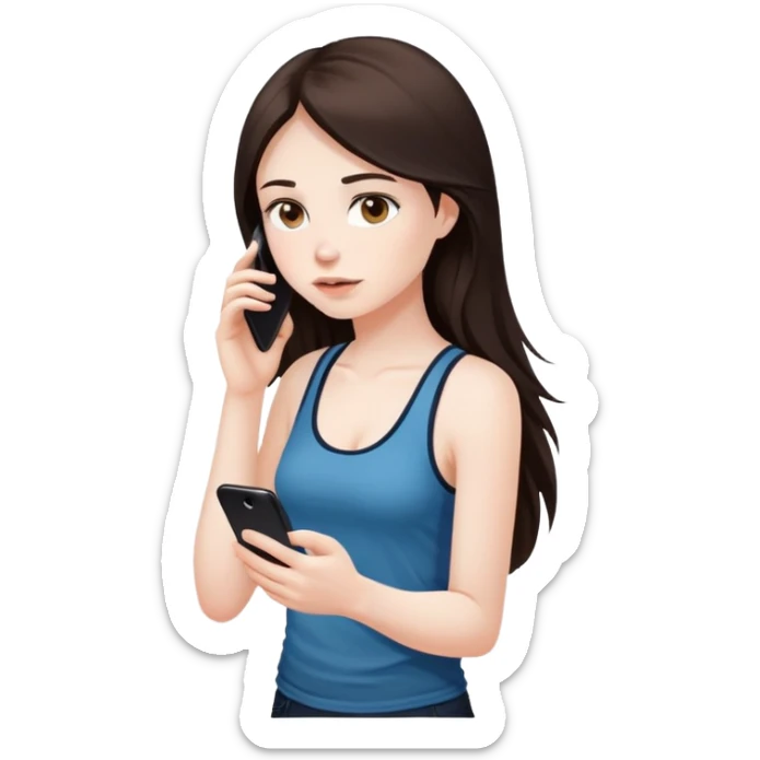 girl with long dark brown hair and pale wearing a tank top, on her phone sticker