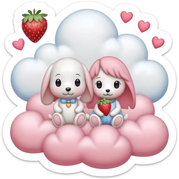  Couple DP in AI emoji style with Cinnamoroll and Snoopy. Both wear strawberry-themed accessories, sitting together on a pastel pink cloud with hearts, sparkles, and strawberries around. Cute, soft, and romantic vibe. sticker