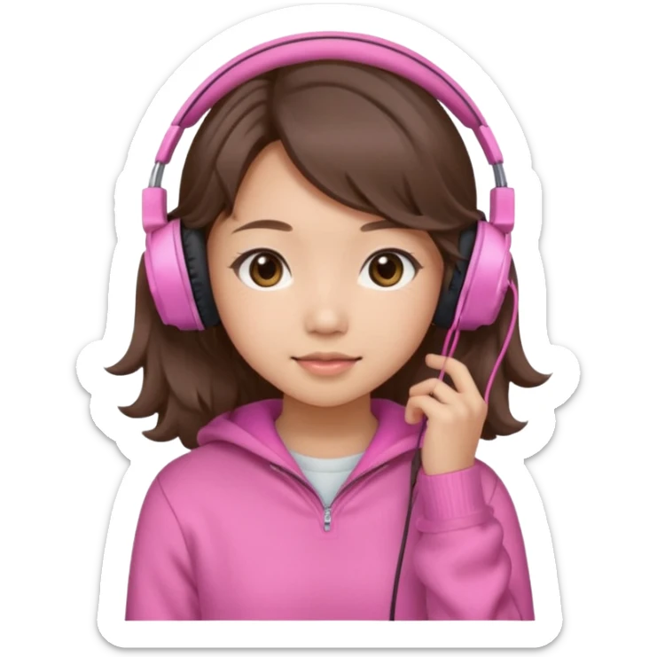 a asian japanese girl with wavy silky brown hair and no bangs. she has a cute pink gaming headphones. she is wearing a cute pink sweater  sticker