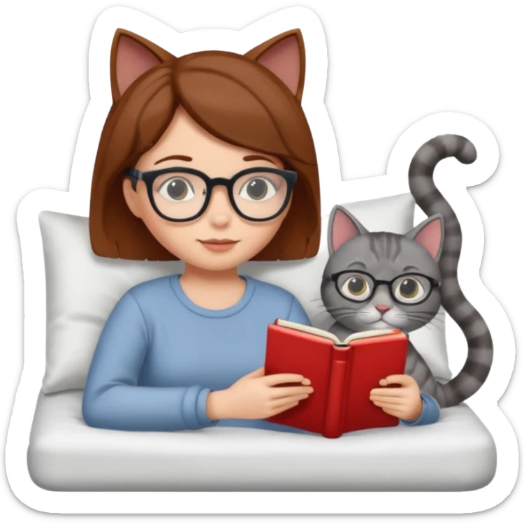 A girl is lying in bed. She has short chestnut hair styled neatly, is wearing glasses, and is reading a book. A grey cat is lying on her legs. sticker