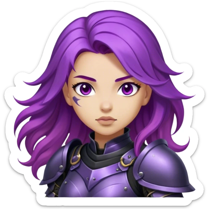 A mysterious warrior girl with flowing purple hair, dressed in black armor. sticker