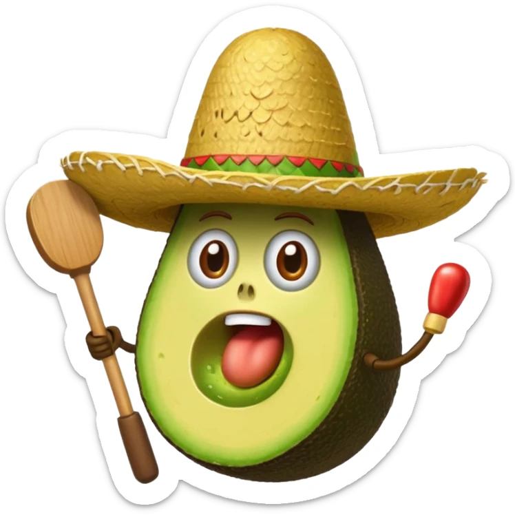 avocado popping up from guacamole wearing a sombrero with a mallet about to hit, whack-a-mole inspired, iOS emoji style sticker
