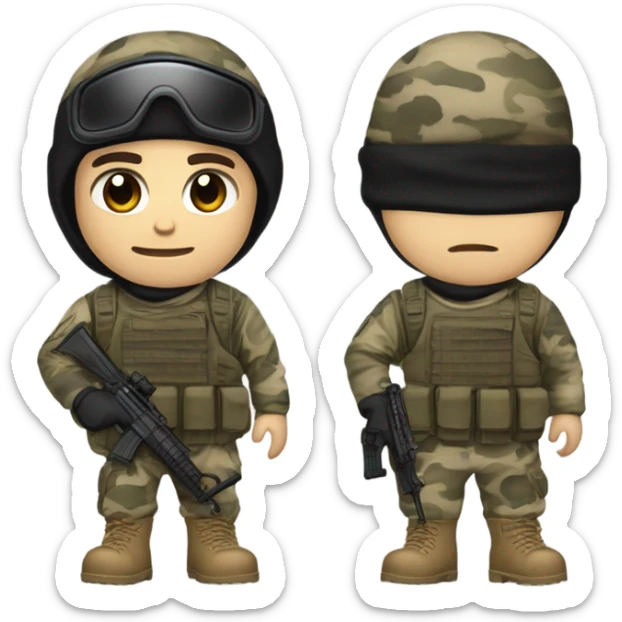 White male, call of duty black mask, camo tactical gear, tan combat boots, black beanie, blue eyes sticker