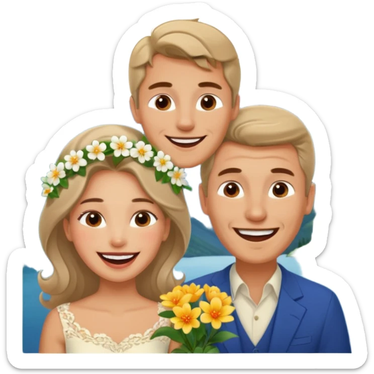 Couple  laughing traveling russian man and elegant  Latina girl delicate flowers and mountains in the background  sticker