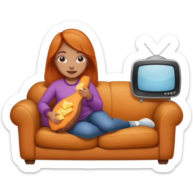 Female personified sweet potato with butter sitting on a couch very cozy watching tv  sticker