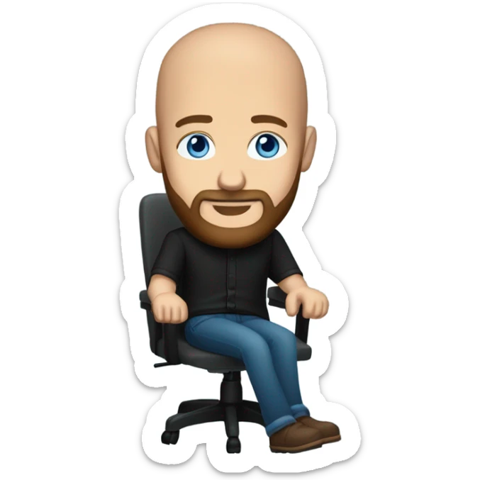 Bald, Caucasian, sky-blue-eyed, Psychotherapist in a modern colorful chair. He has a brown full beard and he’s Wearing a black dress shirt with a subtle pattern, blue jeans and black Chelsea boots with his legs separted leaning forward grey in goatee sticker