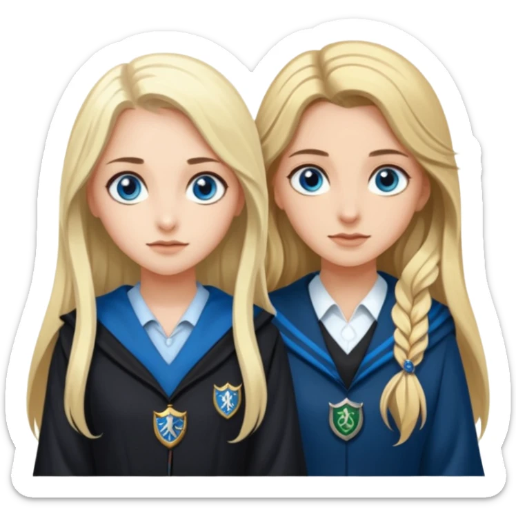 a pretty ravenclaw girl with long brown hair and blue eyes standing with a hot Slytherin girl with long blonde hair, blue eyes and big boobs  sticker