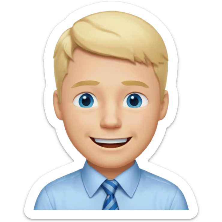 A guy with blonde hair and blue eyes that looks masculine. make him wear a shirt with a tie. he is danish. He is laughing with tears in his eyes sticker
