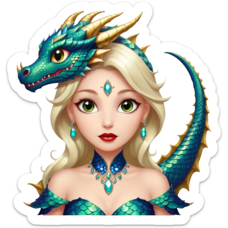 A gorgeous woman with dragon features with glittering jeweled scales covering her body. She has large almond shaped eyes, lush lips, and she wears a stunning luminescent gown. sticker