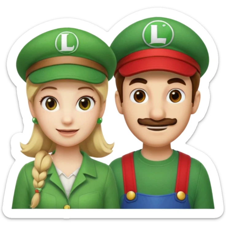 blonde female Luigi (with the Luigi green hat with an L on it) and a normal brown hair male Mario with the red hat with a (M) on it. They are friends just smiling. think video game sticker